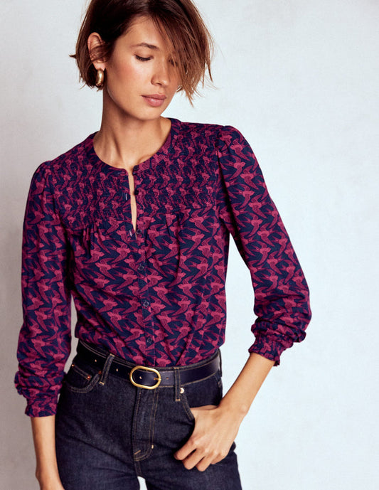 Elsa Smocked Yoke Jersey Shirt French Navy, Swooping Swallow