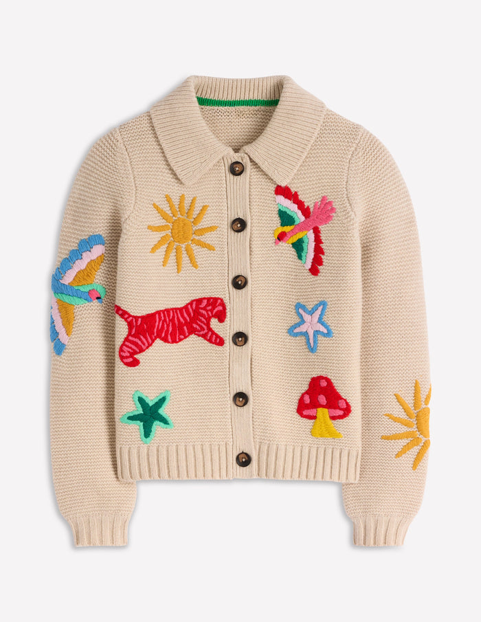 Embroidered Collared Cardigan Ecru Marl