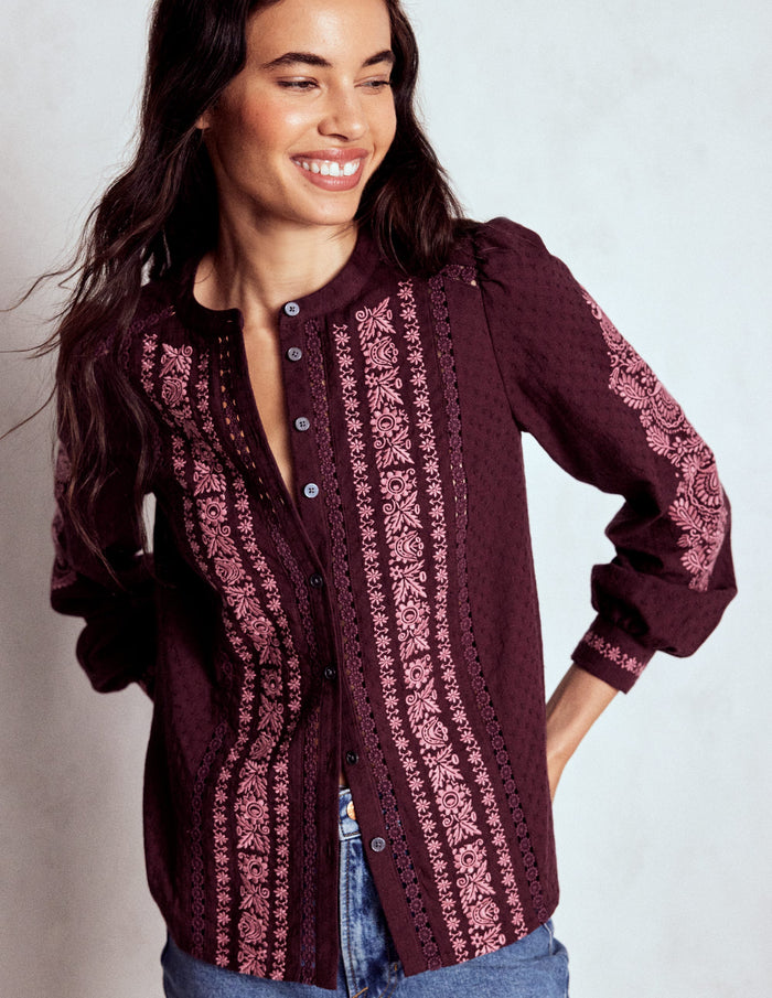 Embroidered Cotton Top Dark Cherry
