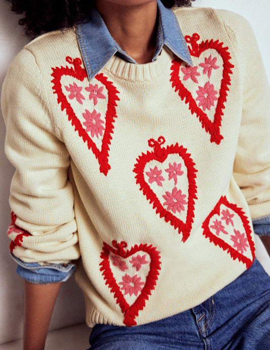 Graphic Embroidered Sweater Warm Ivory, Hearts