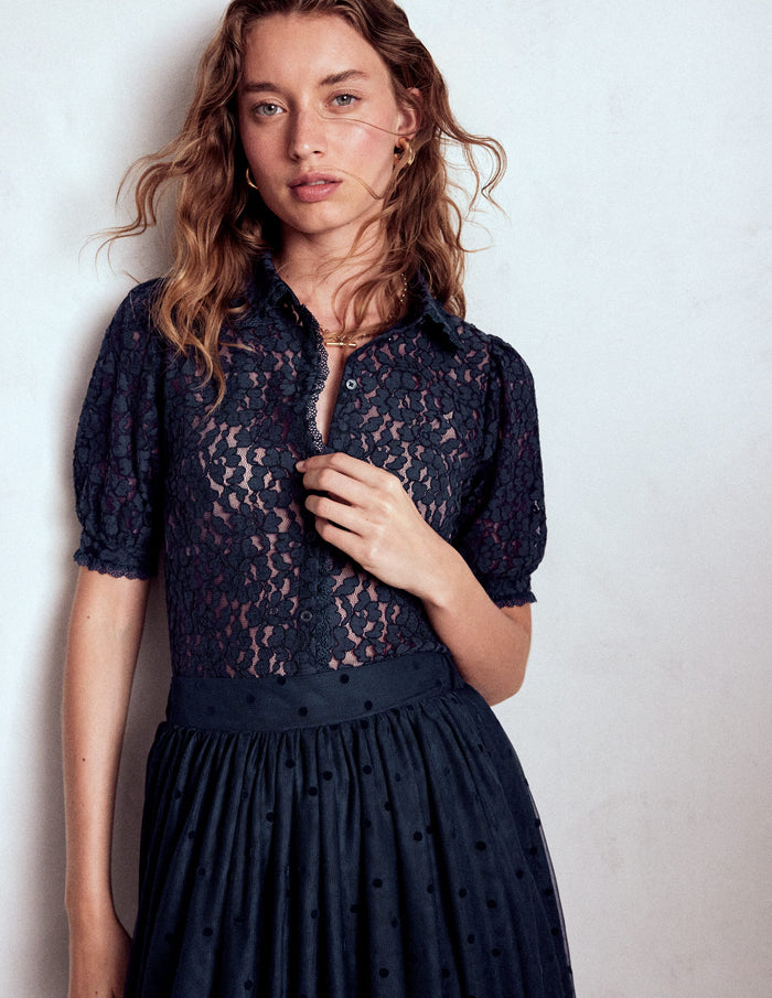 Short Sleeve Lace Blouse Navy