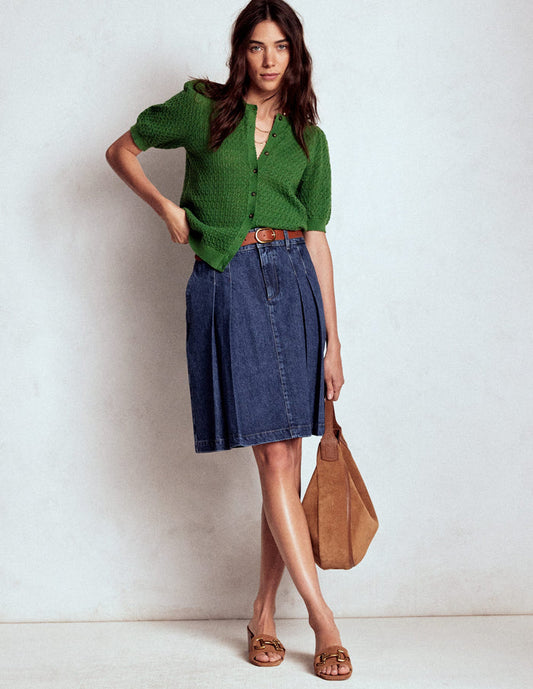 Pleated Denim Skirt Mid Wash