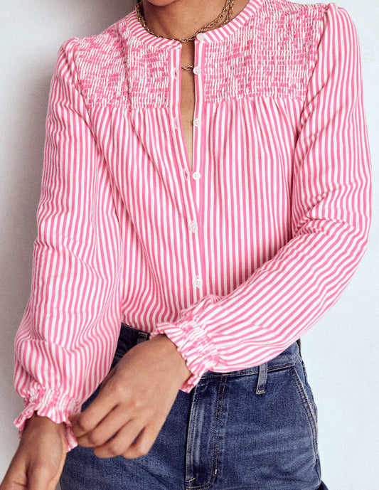Elsa Smocked Yoke Jersey Shirt Pink Ribbon Stripe