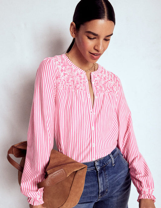 Elsa Smocked Yoke Jersey Shirt Pink Ribbon Stripe