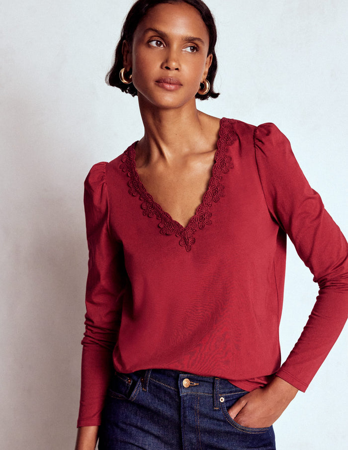 Flora Lace V-neck Top Burgundy Red