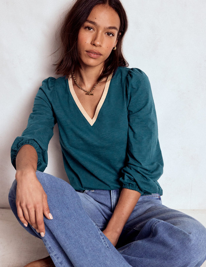 Metallic Trim Long Sleeve Top Midnight Teal