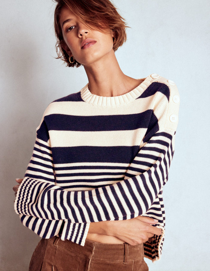 Jemma Chunky Cotton Sweater Warm Ivory/ Navy