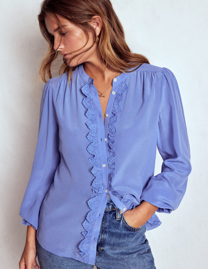 Alice Frill Front Silk Top Soft Blue Broderie