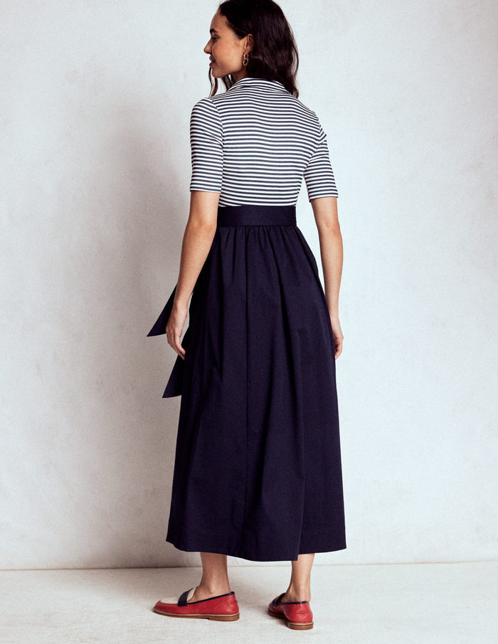 Collar Detail Mix Midi Dress Navy, Ivory Stripe