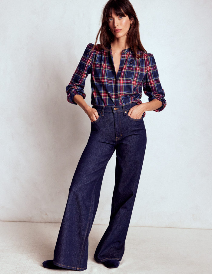 Layla Brushed Cotton Top Navy and Red Check