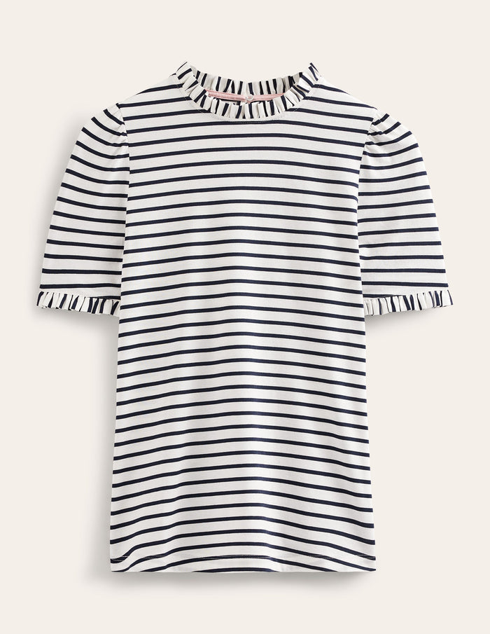 Supersoft Frill Detail T-shirt Ivory, Navy Stripe