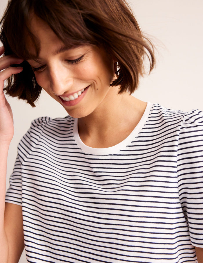 Cotton Puff Sleeve T-Shirt Ivory, Navy Stripe
