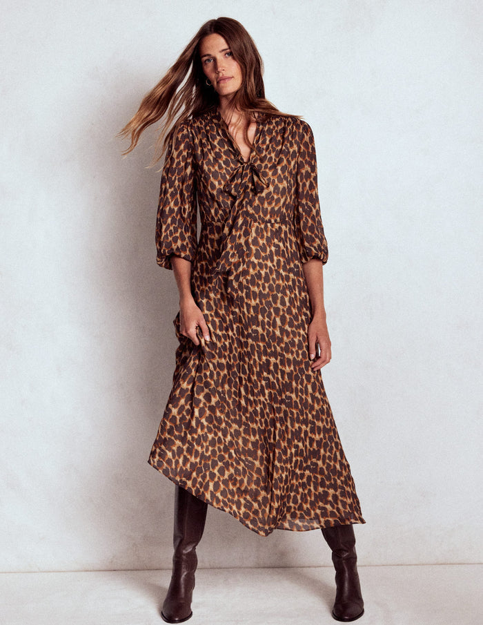 Brooke Tie Neck Tea Dress Sand, Abstract Leopard Spot