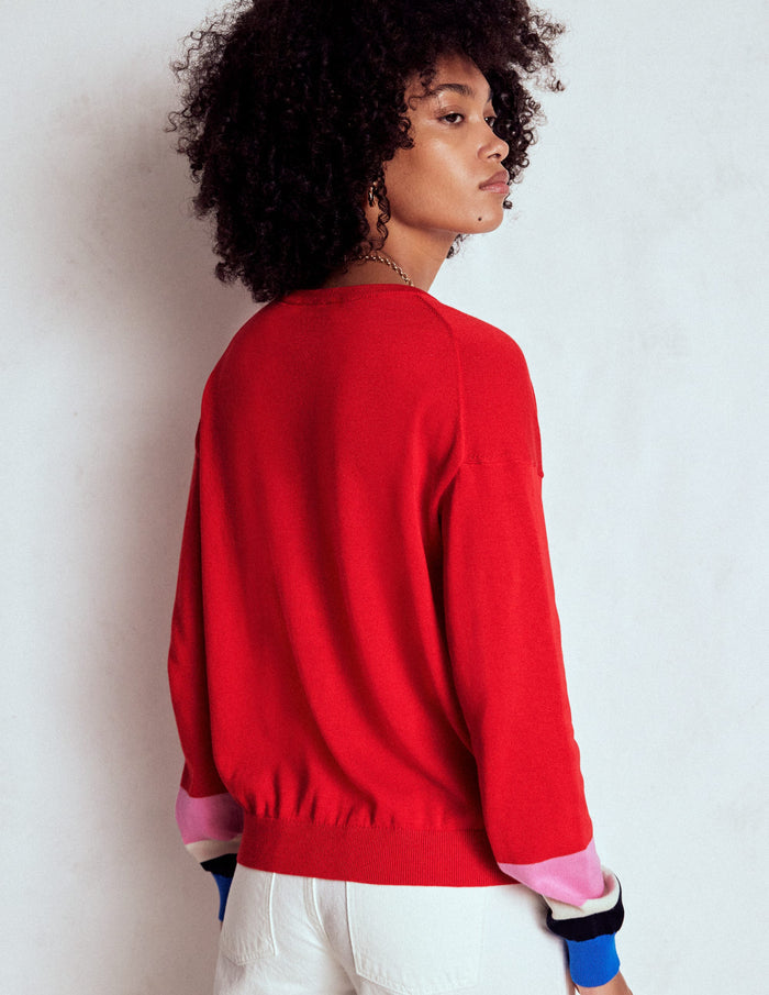 Lara Relaxed Cotton Cardigan Poppy Red, Cuff Stripe