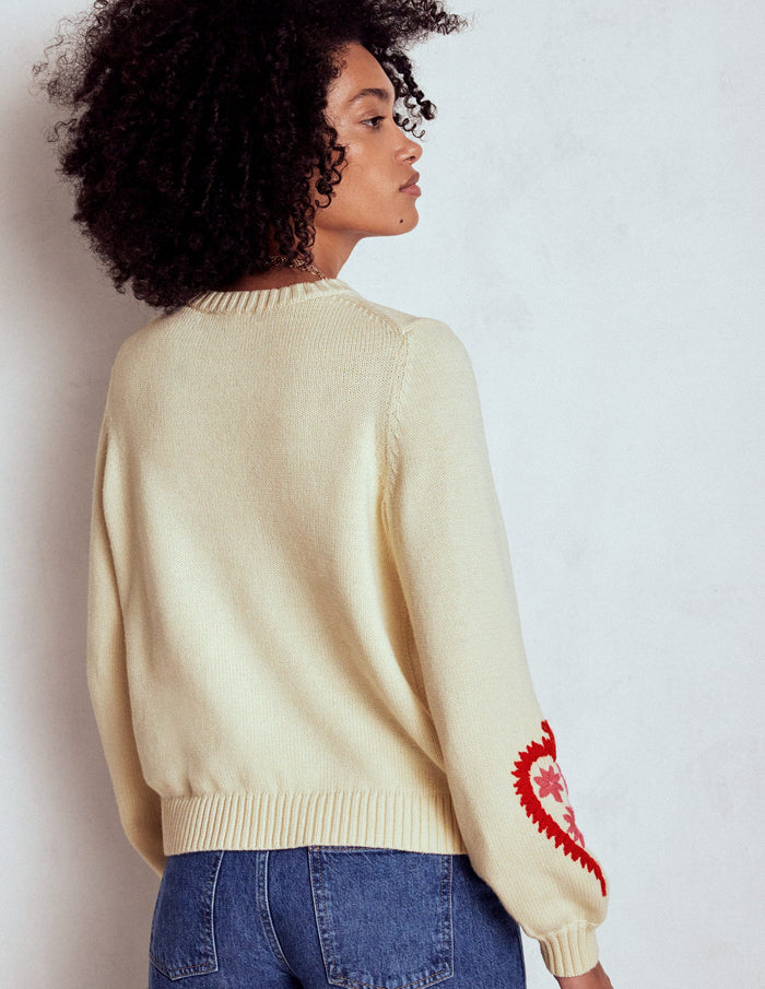 Graphic Embroidered Sweater Warm Ivory, Hearts