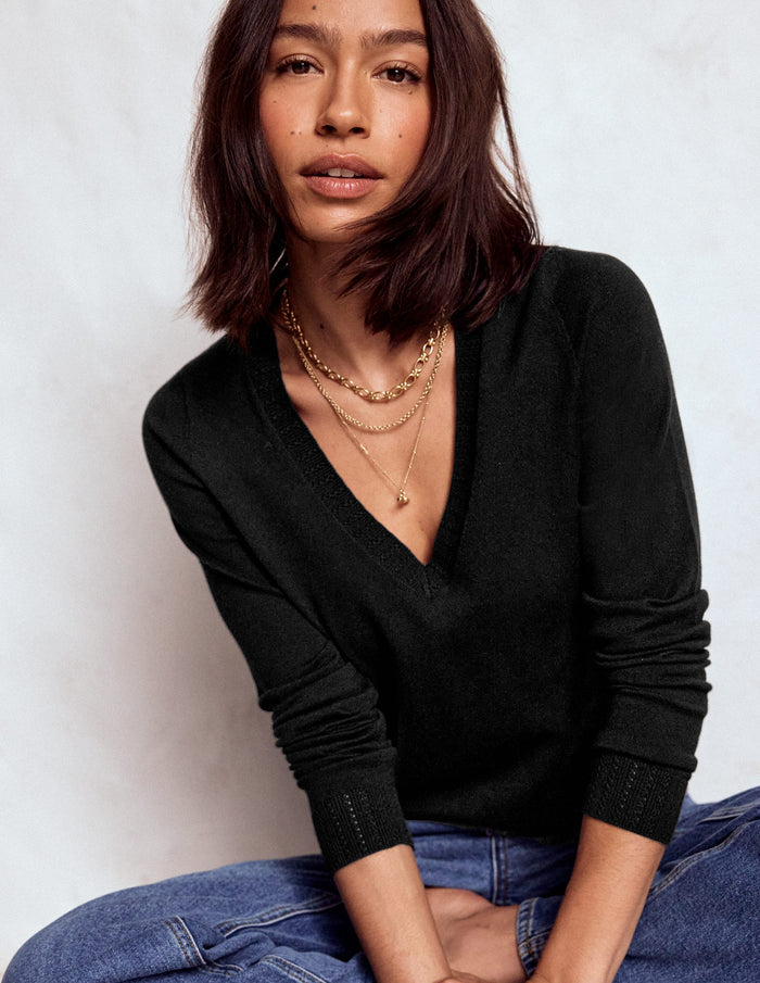 Emilia Cotton V Neck Sweater Black