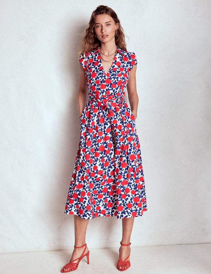 Julia Cotton Wrap Midi Dress Poppy Red, Floweret Vine