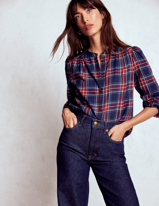 Layla Brushed Cotton Top Navy and Red Check