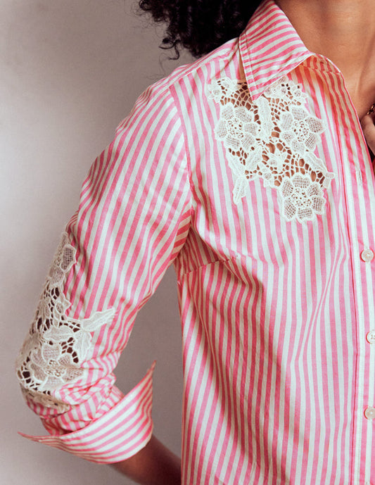 Sienna Interest Cotton Shirt Pink and Ivory Cutwork Stripe
