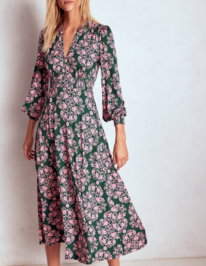 Ivy Smocked Midi Dress Green, Ornamental Lattice