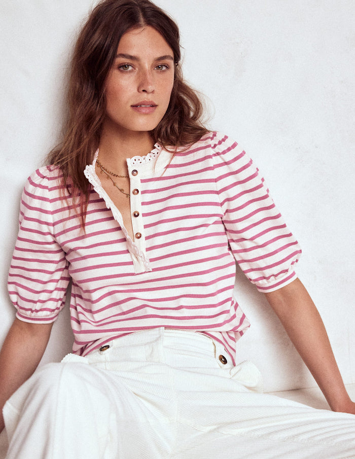 Puff Sleeve Henley Pink Heather, Ivory Stripe