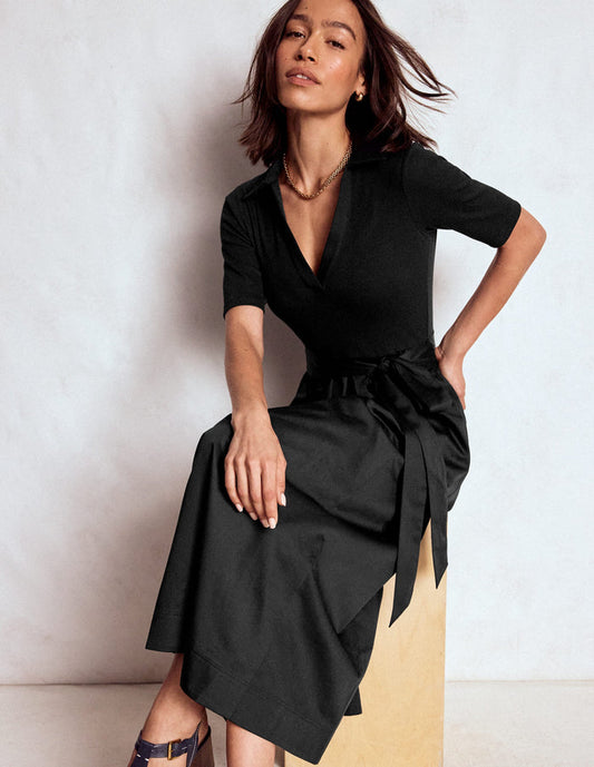 Collar Detail Mix Midi Dress Black