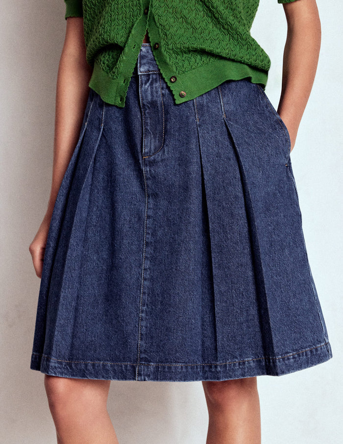 Pleated Denim Skirt Mid Wash