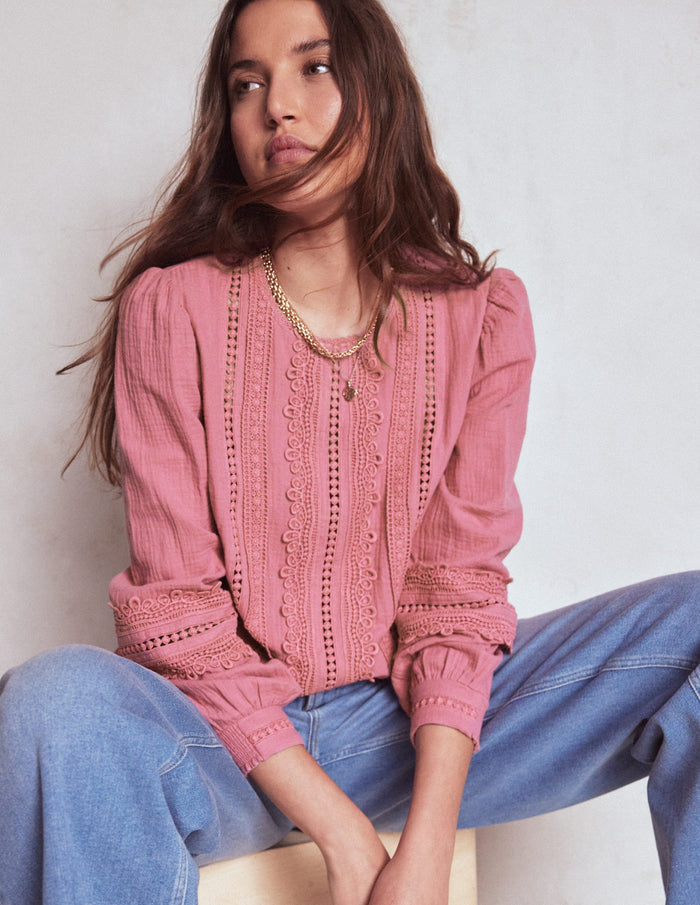 Trim Interest Double Cloth Top Pink Heather