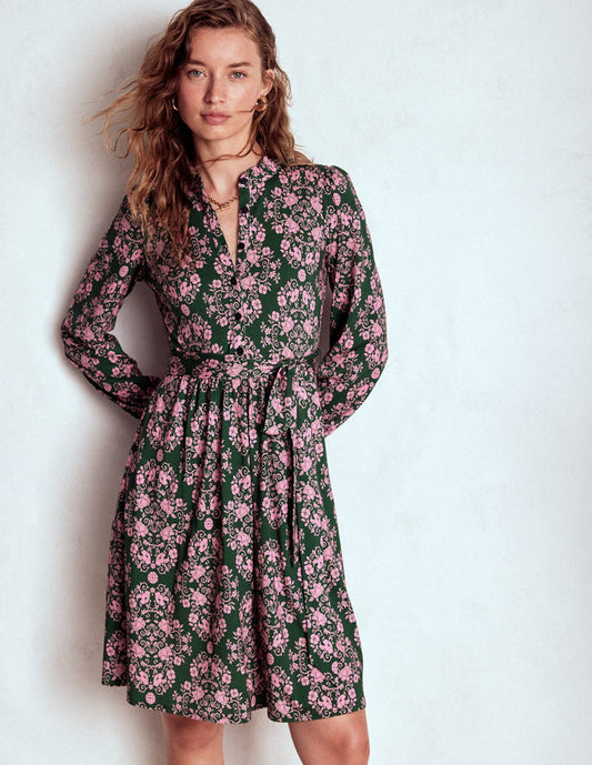 Willow Ruffle Neck Shirt Dress Green, Ornamental Lattice