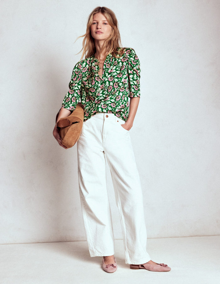 Mutton Sleeve Smart Top Rich Emerald, Ornate Vine