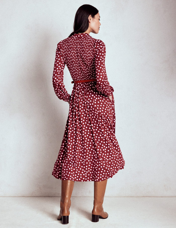 Smocked Jersey Shirt Dress Chestnut, Painted Dot