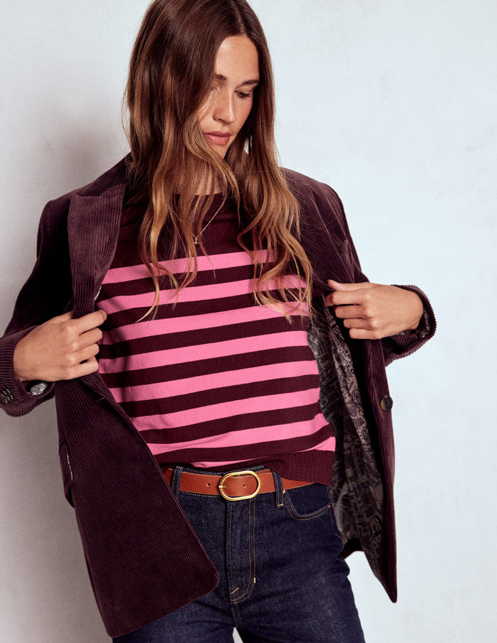 Emilia Cotton Crew Sweater Chestnut/Pink Stripe