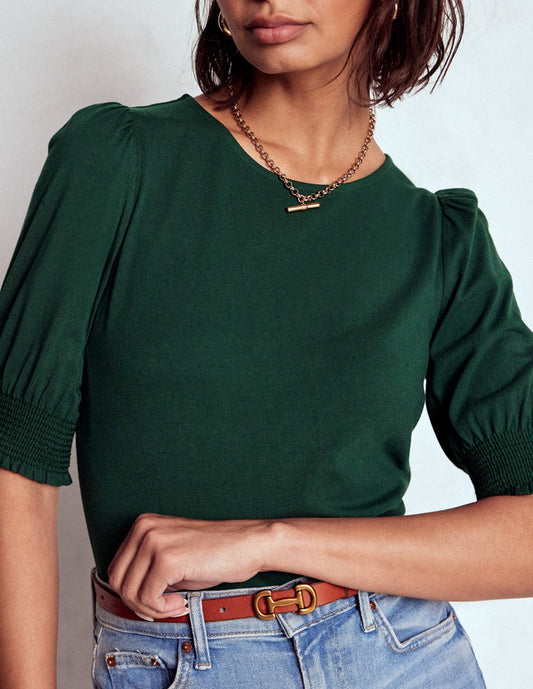 Short Sleeve Smocked Cuff Top Green Pine