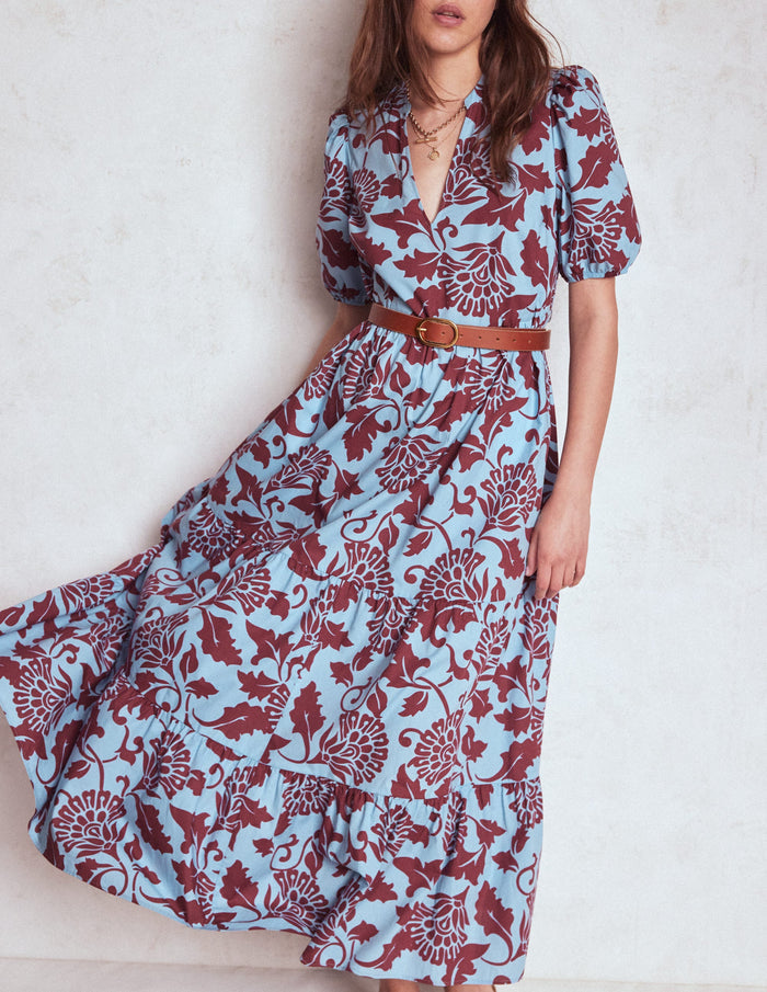 Christabel Cotton Midi Dress Glacier Blue, Ornate Vine