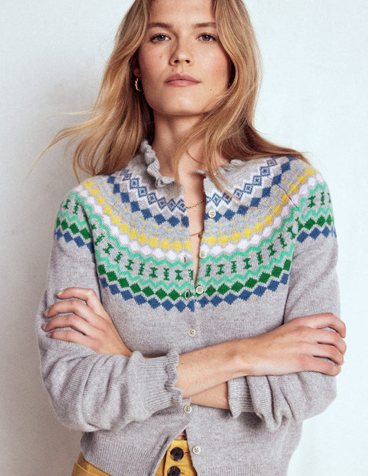 Fae Fair Isle Frilled Cardigan Grey Melange