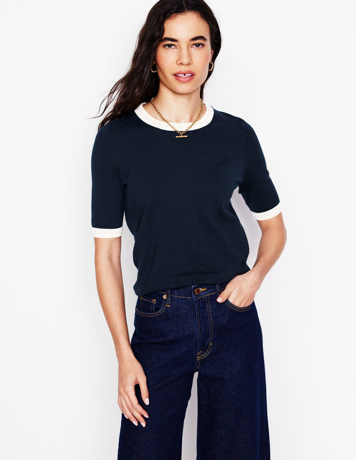 Emilia Cotton Crew T-shirt Navy, Warm Ivory
