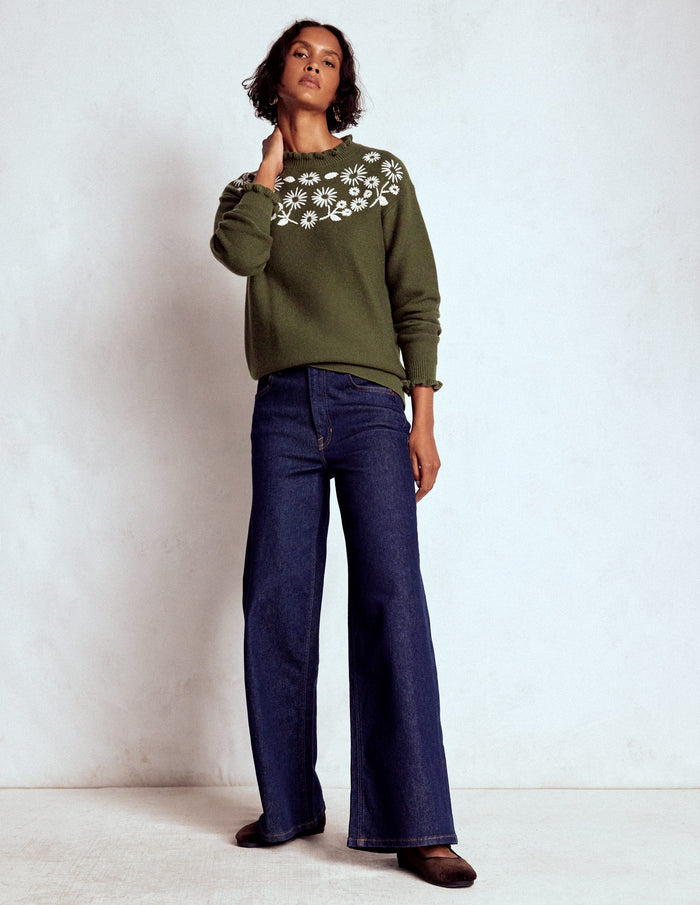 Embroidered Frill Sweater Woodland Green Melange