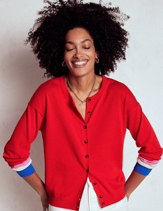 Lara Relaxed Cotton Cardigan Poppy Red, Cuff Stripe