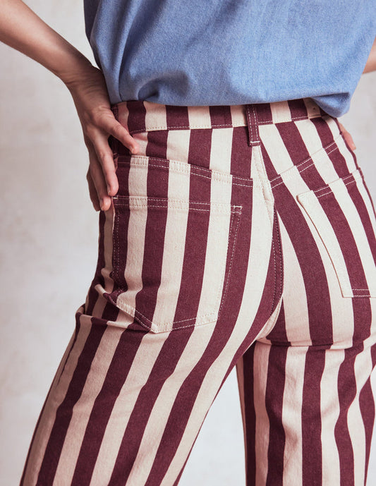 High Rise Column Leg Jeans Maroon and Ivory Stripe