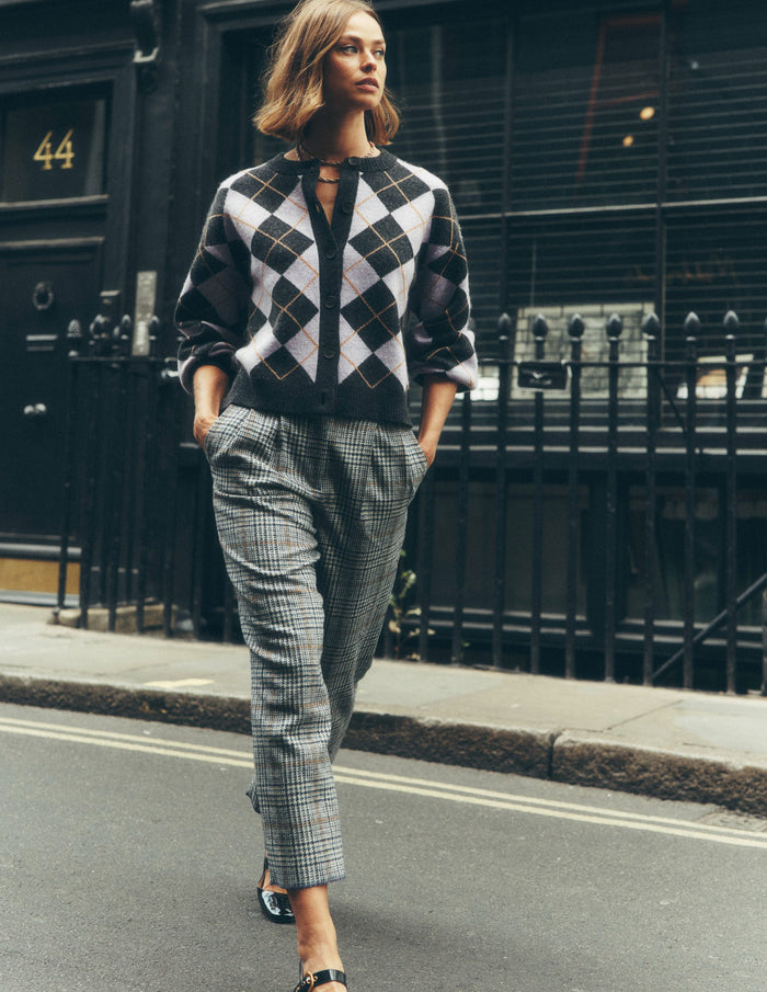 Abi Jacquard Cardigan Lilac, Charcoal Melange Argyle