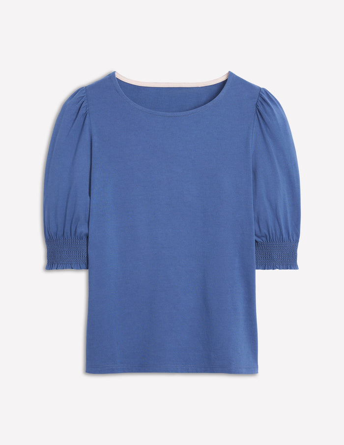 Short Sleeve Smocked Cuff Top Denim Blue