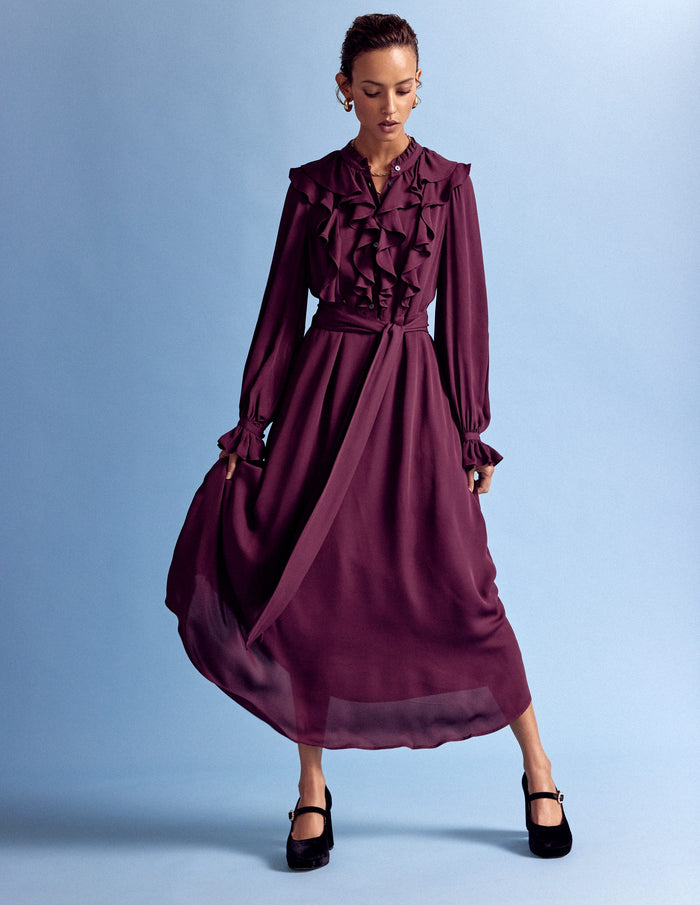 Ruffle Front Shirt Dress Dark Cherry