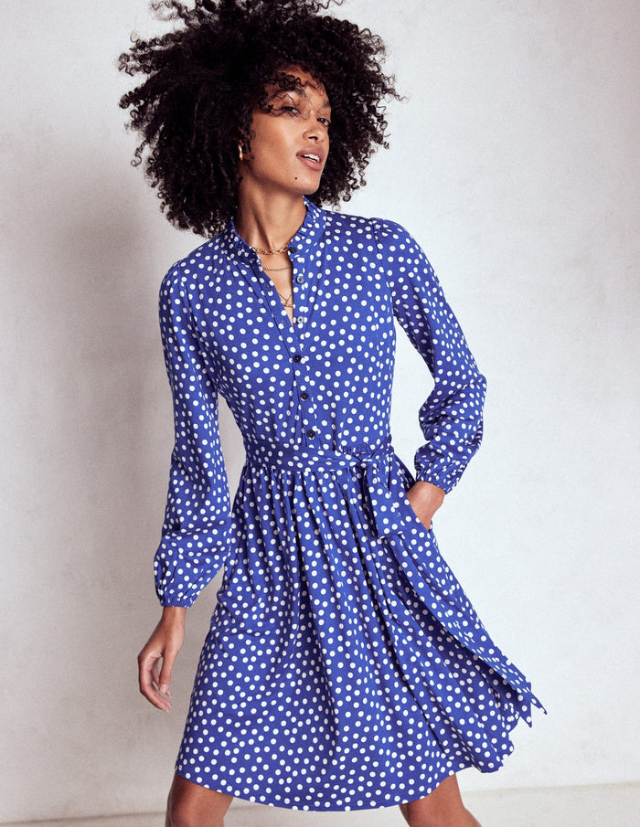 Willow Ruffle Neck Shirt Dress Bright Blue, Dot