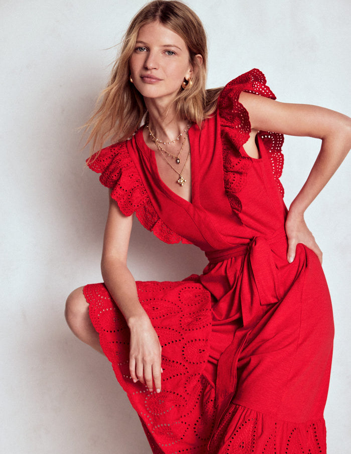 Ruffle Detail Tier Midi Dress Poppy Red