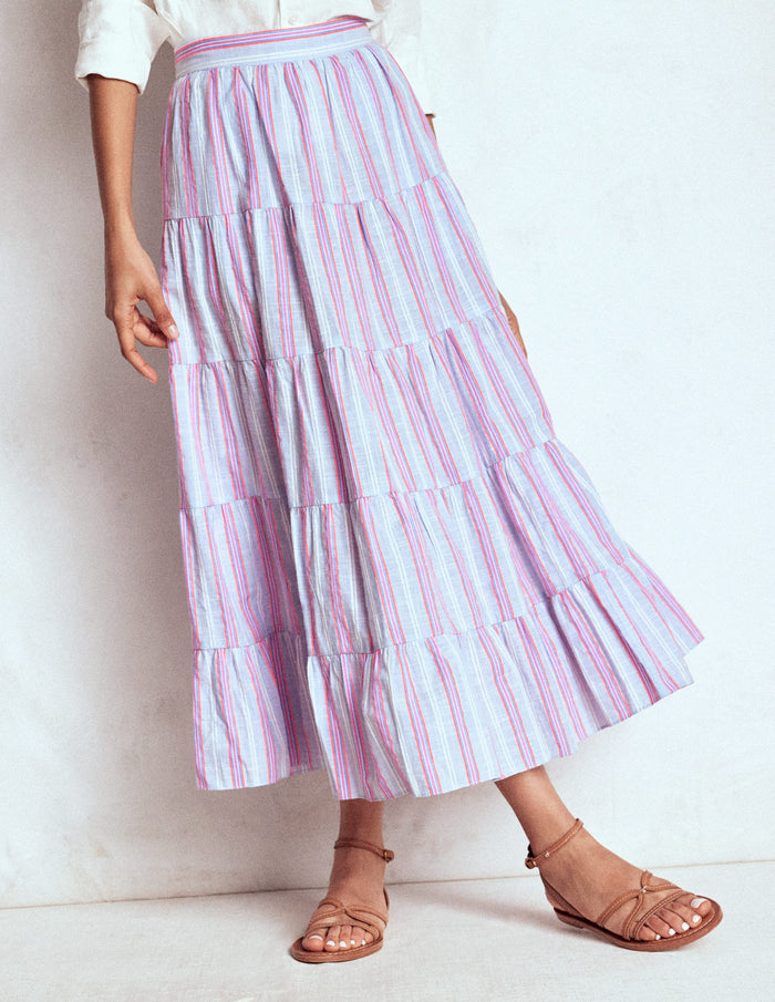 Tiered Poplin Midi Skirt Metallic Stripe