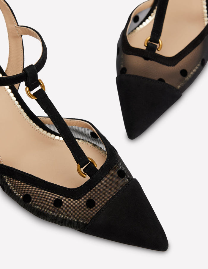 T-Bar Point Heels Black Mesh
