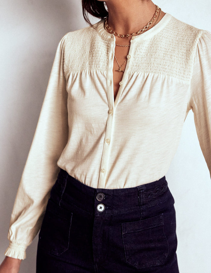 Elsa Smocked Yoke Jersey Shirt Ivory