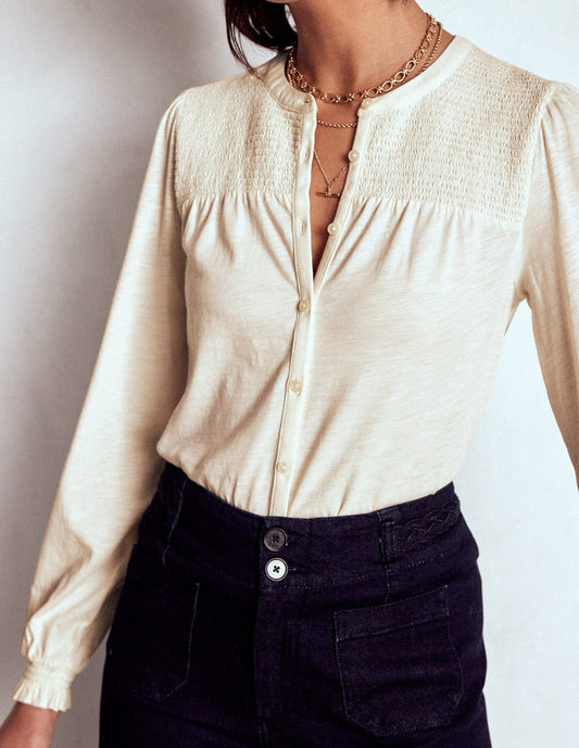 Elsa Smocked Yoke Jersey Shirt Ivory