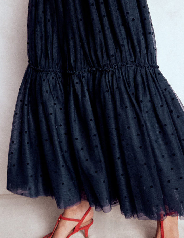 Anna Tulle Midi Skirt Navy Flocked Spot