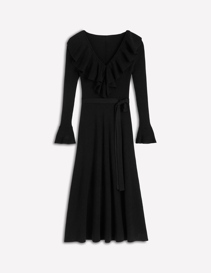 Ruffled Ribbed Dress Black